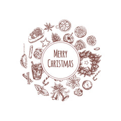Christmas hand-drawn wreath and festive food illustration