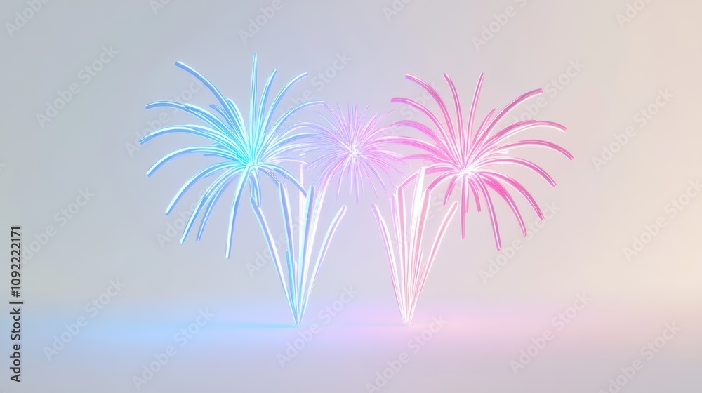 Poster a vibrant display of colorful fireworks in blue and pink against a soft background.