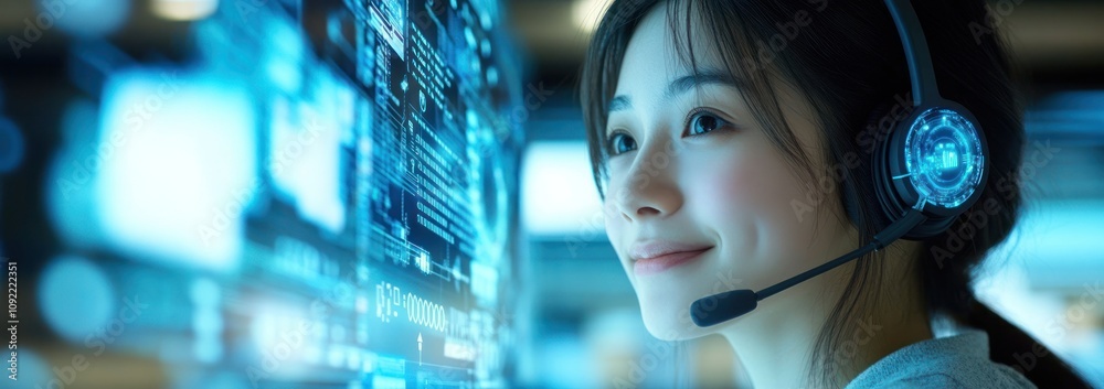 Poster a young woman with a headset smiles while interacting with digital data on a screen.