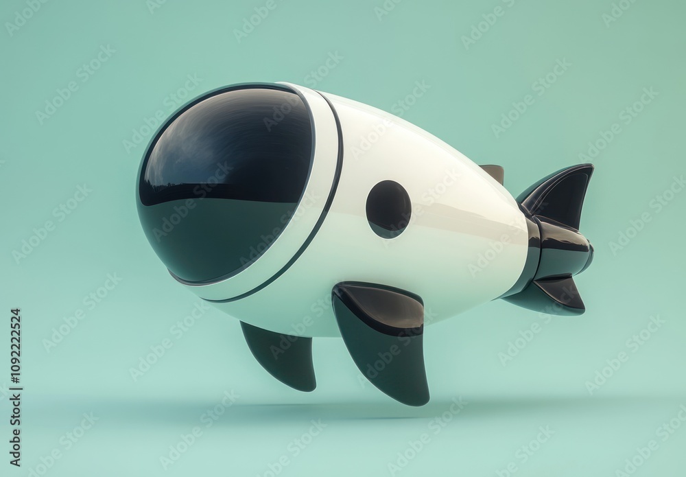 Poster a stylized, cartoonish fish-shaped object with a sleek design and a playful aesthetic.