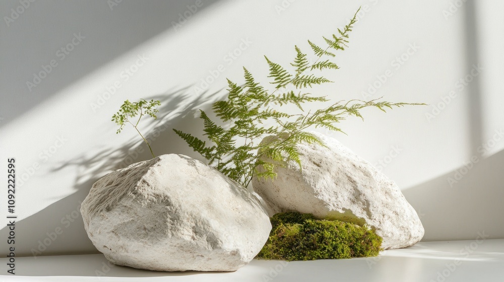 Poster a serene arrangement of rocks and ferns highlighting natural elements in a minimalist setting.