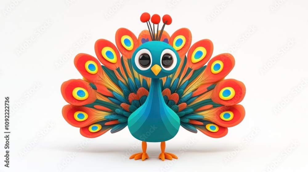 Poster a colorful cartoon peacock displaying its vibrant feathers in a playful style.