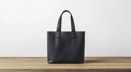 Sleek black tote bag displayed on wooden surface with minimalist background