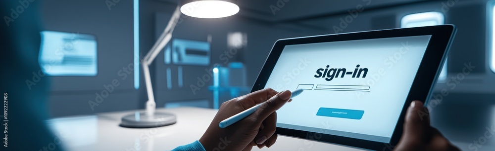 Poster A person using a tablet to sign in, illuminated by a lamp in a modern workspace.