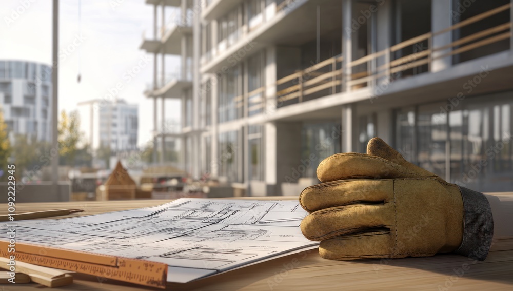 Poster a construction site with blueprints and a worker's glove on a table.