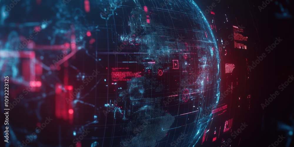 Poster A futuristic digital representation of Earth with data overlays and glowing elements.