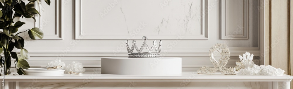 Poster a decorative display featuring a crown on a pedestal in an elegant setting.