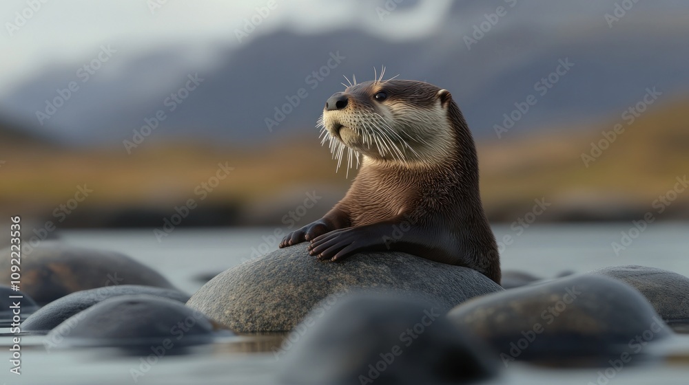 Poster a serene otter perched on a rock in a tranquil water setting.