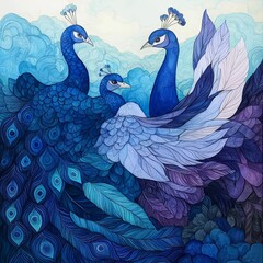 Fototapeta premium Three elegant peacocks with intricate blue feathers amidst a cloud background.