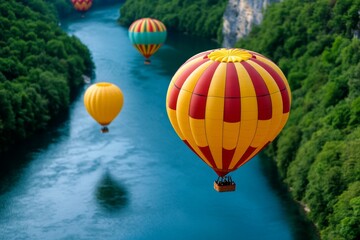 Fototapeta premium A vibrant aerial view of a hot air balloon festival, with colorful balloons dotting the landscape