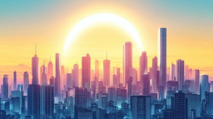 Obraz premium Retro-futuristic cityscape illustration with a large sun.