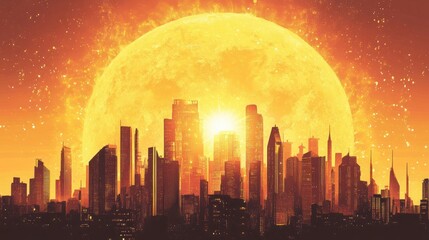 Retro-futuristic cityscape illustration with a large sun.