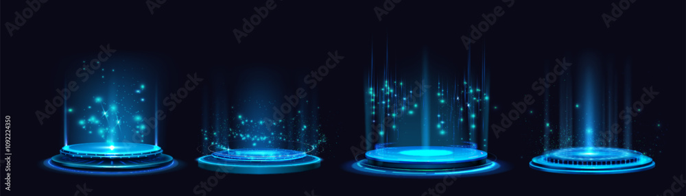 Wall mural futuristic hologram platforms with blue glowing neon lights, sparkling particles rising upward from 