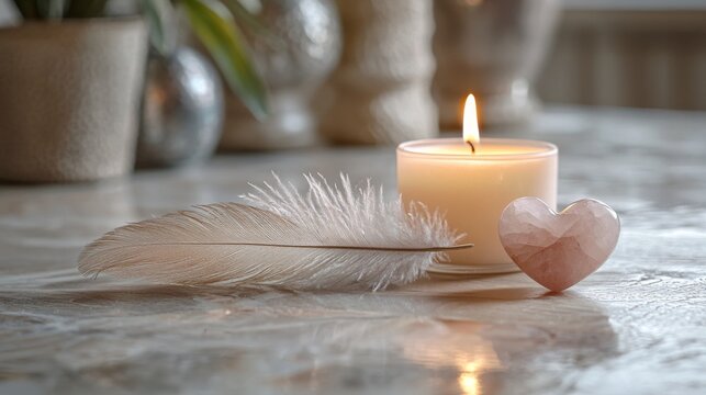 Minimalistic arrangement of feather candle rose quartz heart on wood