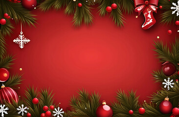 Merry Christmas and Happy Holidays greeting card, frame, banner. New Year. Noel. White and red Christmas gifts, presents, ornaments on red background top view. Winter holiday Xmas theme. Flat lay.
