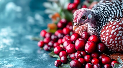 Close-up of speckled hen amidst cranberries.