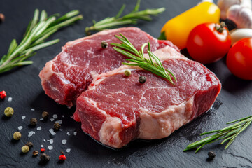 Fototapeta premium Fresh cuts of meat surrounded by colorful vegetables on a dark surface