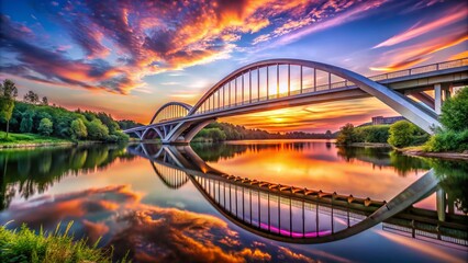 Obraz premium Captivating Architectural Photography of a Majestic Bridge Spanning a Serene River at Sunset, Showcasing Modern Design and Natural Beauty in a Picturesque Landscape