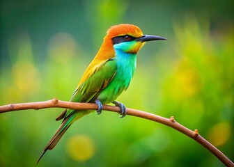 Obraz premium Captivating Asian Green Bee-Eater Perched Gracefully on a Branch with Vibrant Green Background and Copy Space for Text, Showcasing Its Stunning Plumage and Natural Habitat