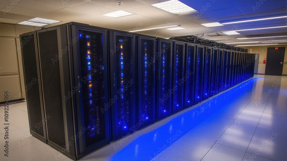 Poster illuminated server racks in modern data center room