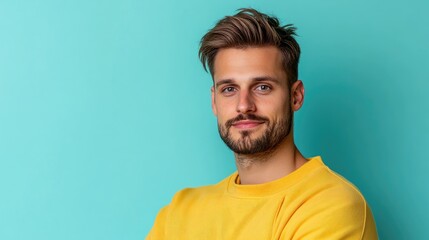 Obraz premium Confident Young Man in Yellow Sweater Against Vibrant Turquoise Background with Relaxed Expression and Stylish Hair