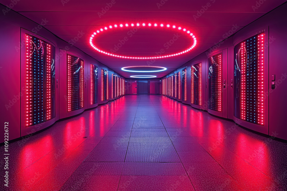Poster exploring a futuristic cloud computing data center high-tech environment digital infrastructure neon