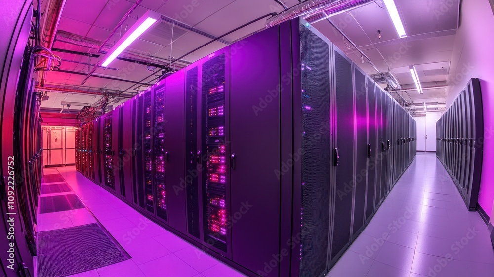 Poster Illuminated Server Room Rows Of Data Center Technology