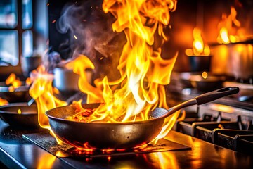 Captivating Flames Dancing in a Frying Pan: A High Depth of Field Visual of Culinary Fire and Cooking Techniques for Food Enthusiasts and Chefs