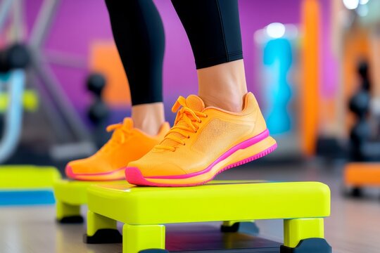 An advanced aerobics workout with participants using step platforms and hand weights in a high-tech gym