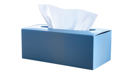 A blue tissue box with white tissue paper isolated on transparent white background, clipping path