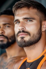 Fototapeta premium Two men with strong features and beards pose confidently in sports attire at a fitness facility