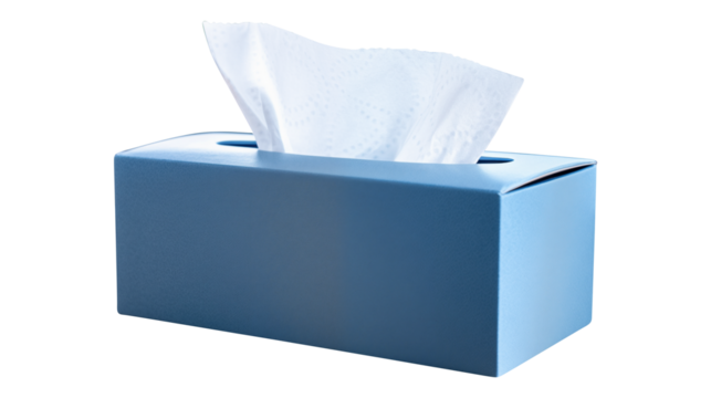 A blue tissue box with white tissue paper isolated on transparent white background, clipping path