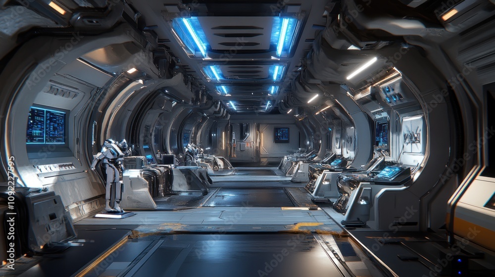 Poster futuristic spaceship corridor with robotic workstations