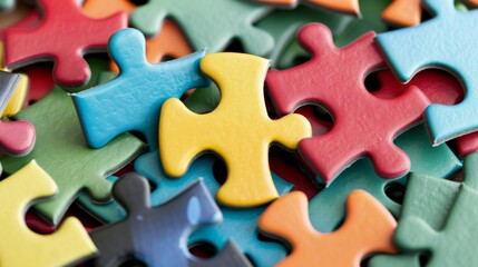 Fototapeta premium A collection of puzzle pieces of different shapes and colors, fitting together seamlessly