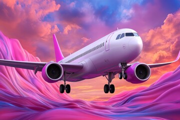 Obraz premium Digital 3D illustration of an airplane in a colorful abstract environment, with swirling clouds and vibrant highlights