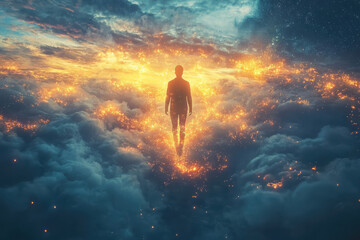 Obraz premium Futuristic visionary utilizing advanced technology in an ethereal cloud environment conceptualizing the future