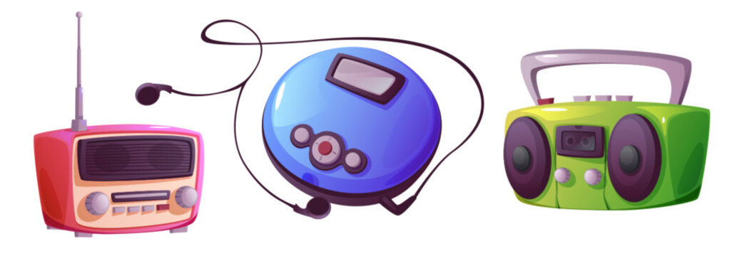 Retro music devices - red compact radio receiver with antenna, blue portable CD player with earphones, bright lime cassette boombox with stereo speakers. Nostalgic gadgets from 90s entertainment era.
