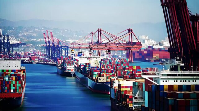 A cargo ship being loaded with containers by a crane at a busy industrial port