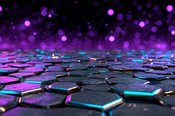 Obraz premium Futuristic abstract background with glowing neon hexagons in shades of cyan and purple, set against a dark background
