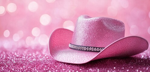 Pink glitter cowgirl hat on sparkling pink background. Copy space, free space for text