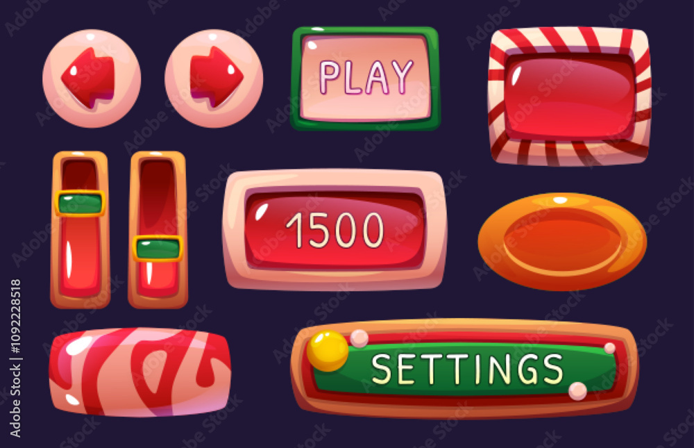 Poster game interface elements with candy styled design - glossy buttons, score display, settings panel and