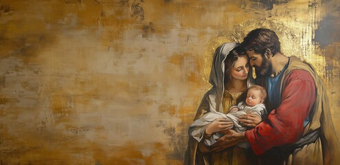 The painting depicts Mary, Joseph and the baby Jesus.  Copy space, free space for text.