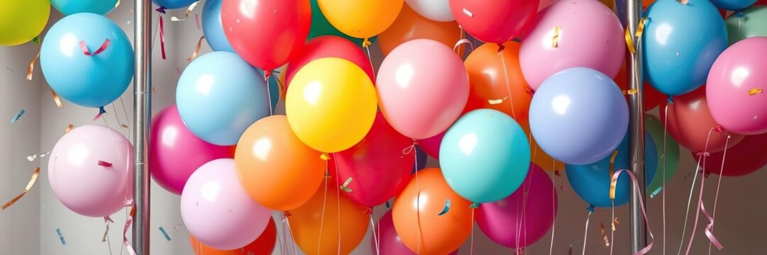 Colorful balloons tied to a metal frame with confetti, festive decorations, colorful balloons, celebration atmosphere