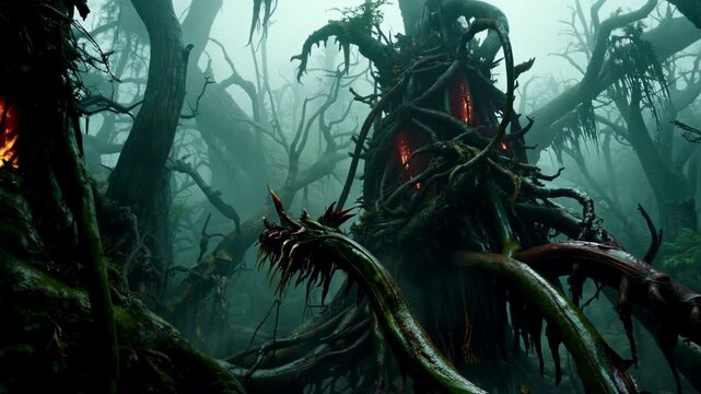 A gigantic carnivorous plant with glowing, venomous fangs, its tendrils writhing as it looms over an abandoned jungle shrouded in mist