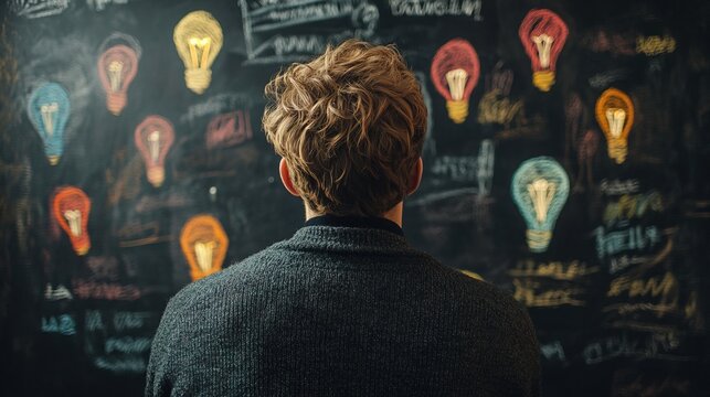 Man gazes at colorful light bulb drawings on a blackboard