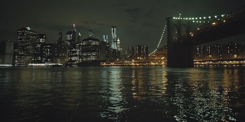 A reflective shot of the Manhattan skyline at night from the Brooklyn Bridge, capturing the lights on the water.