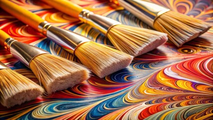 Fototapeta premium Close-Up of Paint Brush Bristles on Marbled Paper: Capturing the Intricate Details of Art Materials in a Stunning Landscape Photography Style