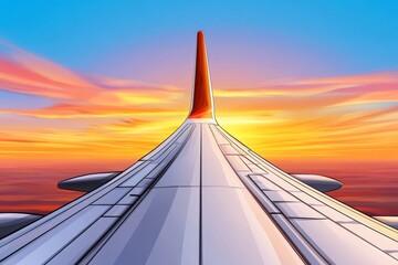Fototapeta premium Simple 2D illustration of an airplaneâ€™s wing view with soft gradient tones, minimalist yet detailed