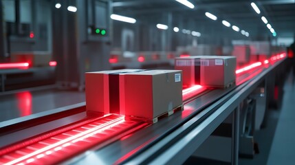 Obraz premium Boxes being scanned and sorted on conveyor belt, smooth warehouse operation