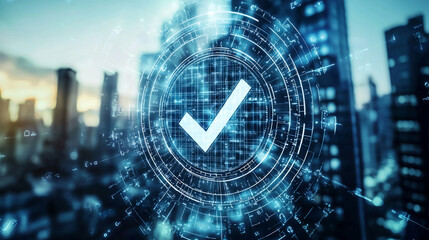 Digital checkmark symbol overlaying a futuristic city skyline at sunset